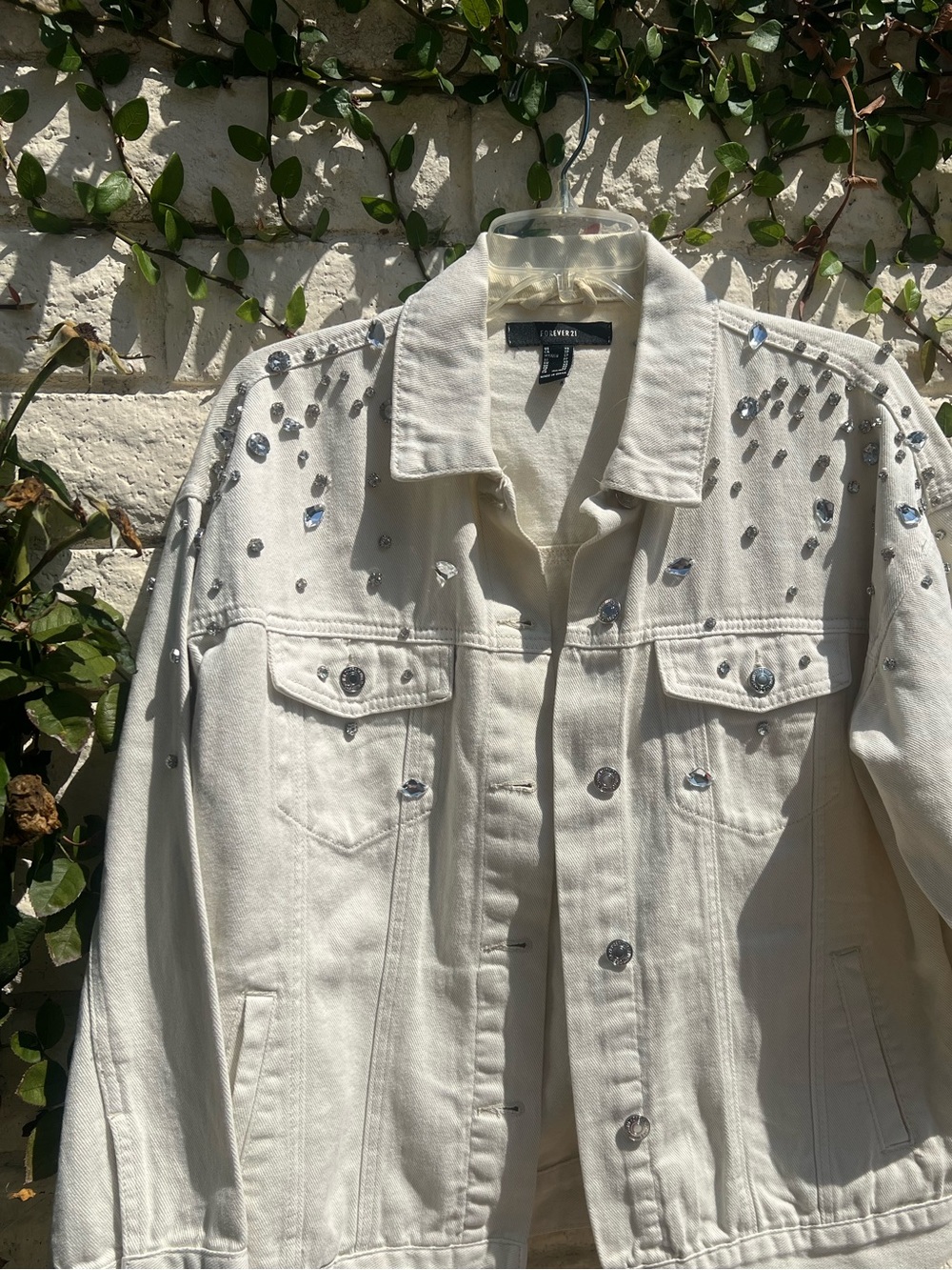 Forever 21 White Denim Jacket with Silver Sequin Embellishments